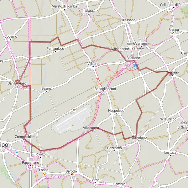 Mapa miniatúra "Gravelová trasa cez Orgnano a Rivolto" cyklistická inšpirácia v Friuli-Venezia Giulia, Italy. Vygenerované cyklistickým plánovačom trás Tarmacs.app