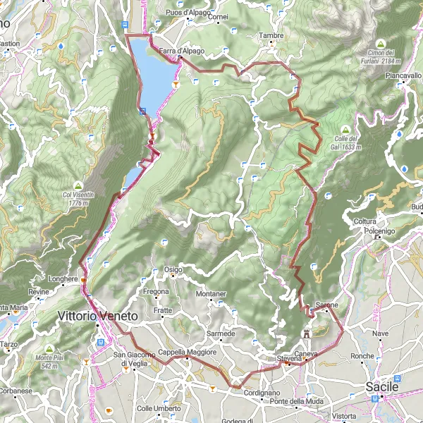 Map miniature of "Vittorio Veneto and Farra d'Alpago Gravel Cycling Route" cycling inspiration in Friuli-Venezia Giulia, Italy. Generated by Tarmacs.app cycling route planner