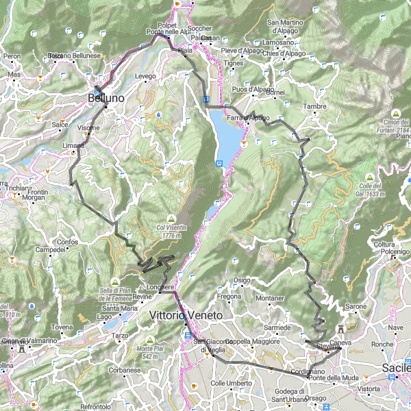 Miniaturní mapa "Vittorio Veneto - Sigh of Vittorio Veneto and Revine Lago - Monte Pezza - Limana - Col Cavalier - Col Frussàl - Farra d'Alpago - Campon - Passo Crosetta - Col Framos - Caneva" inspirace pro cyklisty v oblasti Friuli-Venezia Giulia, Italy. Vytvořeno pomocí plánovače tras Tarmacs.app