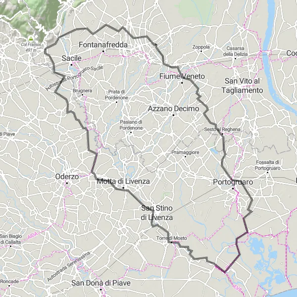 Zemljevid v pomanjšavi "Raznolika pokrajina" kolesarske inspiracije v Friuli-Venezia Giulia, Italy. Generirano z načrtovalcem kolesarskih poti Tarmacs.app
