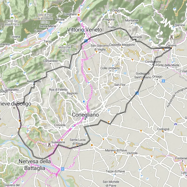Miniaturní mapa "Road Route from Caneva" inspirace pro cyklisty v oblasti Friuli-Venezia Giulia, Italy. Vytvořeno pomocí plánovače tras Tarmacs.app