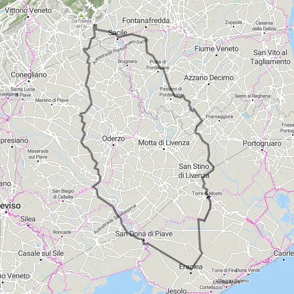 Miniatua del mapa de inspiración ciclista "Ruta en Carretera por Sacile y Ormelle" en Friuli-Venezia Giulia, Italy. Generado por Tarmacs.app planificador de rutas ciclistas