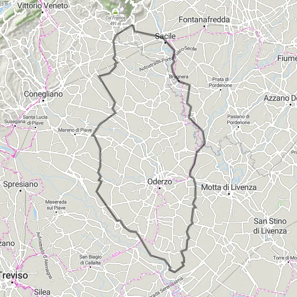 Map miniature of "Scenic Road Cycling Route from Sacile to Orsago" cycling inspiration in Friuli-Venezia Giulia, Italy. Generated by Tarmacs.app cycling route planner