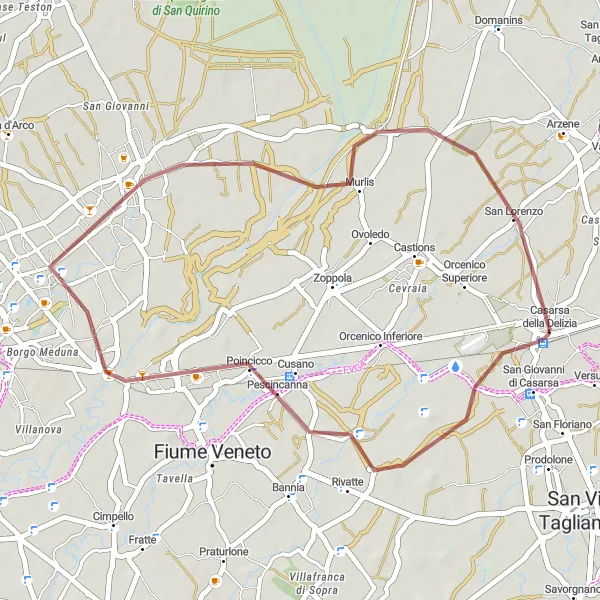 Miniature de la carte de l'inspiration cycliste "Boucle de Casarsa Gravel" dans la Friuli-Venezia Giulia, Italy. Générée par le planificateur d'itinéraire cycliste Tarmacs.app