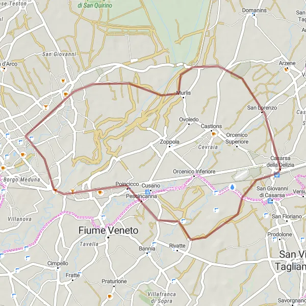 Miniatura della mappa di ispirazione al ciclismo "Sulle strade di Cordenons" nella regione di Friuli-Venezia Giulia, Italy. Generata da Tarmacs.app, pianificatore di rotte ciclistiche