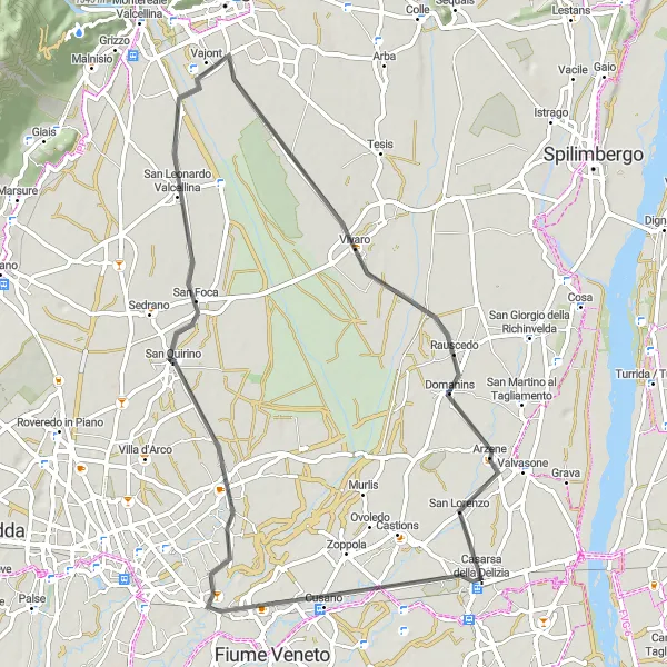 Miniaturní mapa "Kola okolo Cordenons" inspirace pro cyklisty v oblasti Friuli-Venezia Giulia, Italy. Vytvořeno pomocí plánovače tras Tarmacs.app