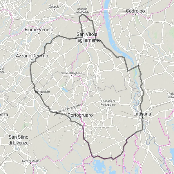 Miniatua del mapa de inspiración ciclista "Ruta de Carretera a San Giovanni di Casarsa" en Friuli-Venezia Giulia, Italy. Generado por Tarmacs.app planificador de rutas ciclistas