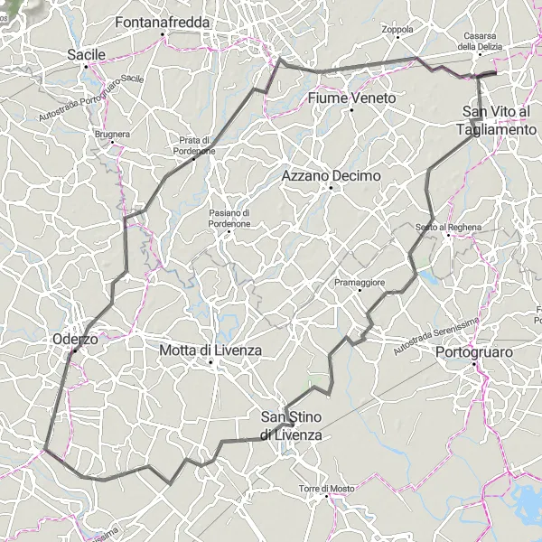 Miniatua del mapa de inspiración ciclista "Ruta de Carretera a San Giovanni di Casarsa" en Friuli-Venezia Giulia, Italy. Generado por Tarmacs.app planificador de rutas ciclistas
