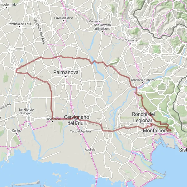 Miniaturní mapa "Gravelová okružní trasa Clauiano - Sei Busi - Sablici - Pieris - Scodovacca" inspirace pro cyklisty v oblasti Friuli-Venezia Giulia, Italy. Vytvořeno pomocí plánovače tras Tarmacs.app