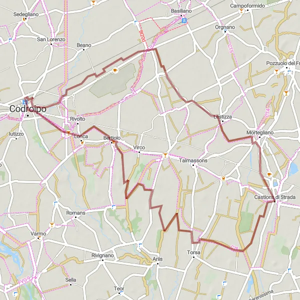 Miniaturní mapa "Okružní cyklistická trasa z Castions di Strada" inspirace pro cyklisty v oblasti Friuli-Venezia Giulia, Italy. Vytvořeno pomocí plánovače tras Tarmacs.app