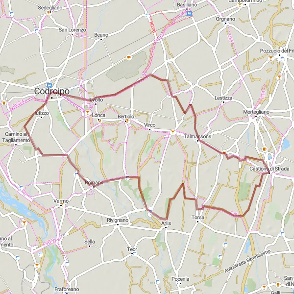 Miniaturní mapa "Gravelová okružní trasa Castions di Strada - Flambruzzo - Codroipo - Villacaccia" inspirace pro cyklisty v oblasti Friuli-Venezia Giulia, Italy. Vytvořeno pomocí plánovače tras Tarmacs.app