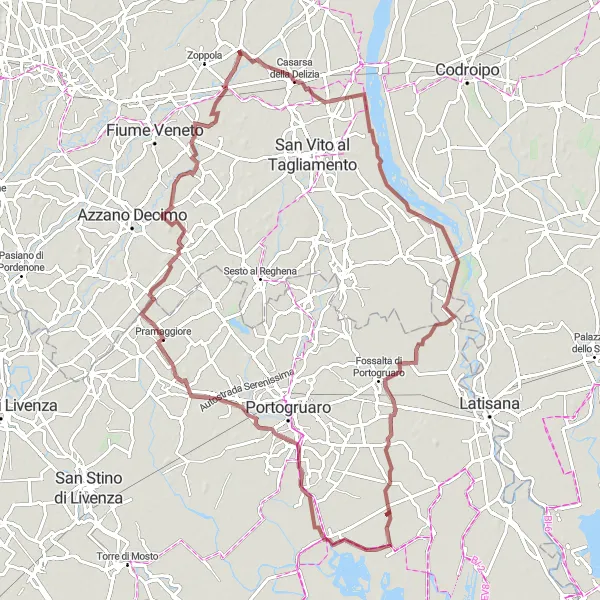 Mapa miniatúra "Dlhá gravelová trasa cez Tagliamento a Pramaggiore" cyklistická inšpirácia v Friuli-Venezia Giulia, Italy. Vygenerované cyklistickým plánovačom trás Tarmacs.app