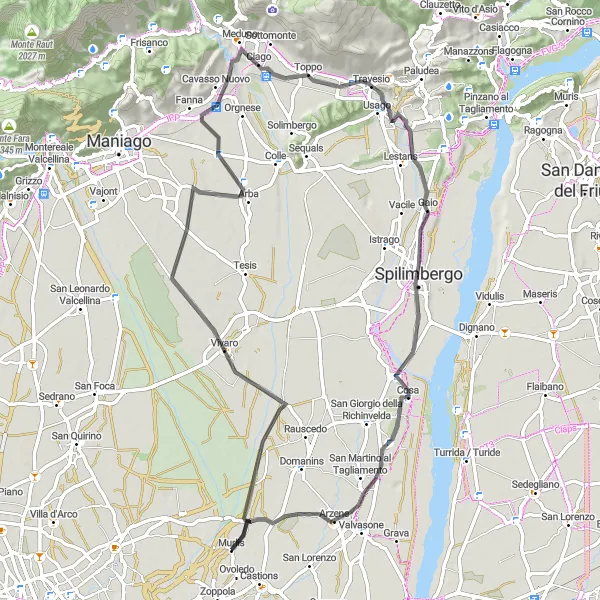 Miniatua del mapa de inspiración ciclista "Ruta de Ciclismo de Carretera Vivaro-Toppo-Provesano-Arzene" en Friuli-Venezia Giulia, Italy. Generado por Tarmacs.app planificador de rutas ciclistas