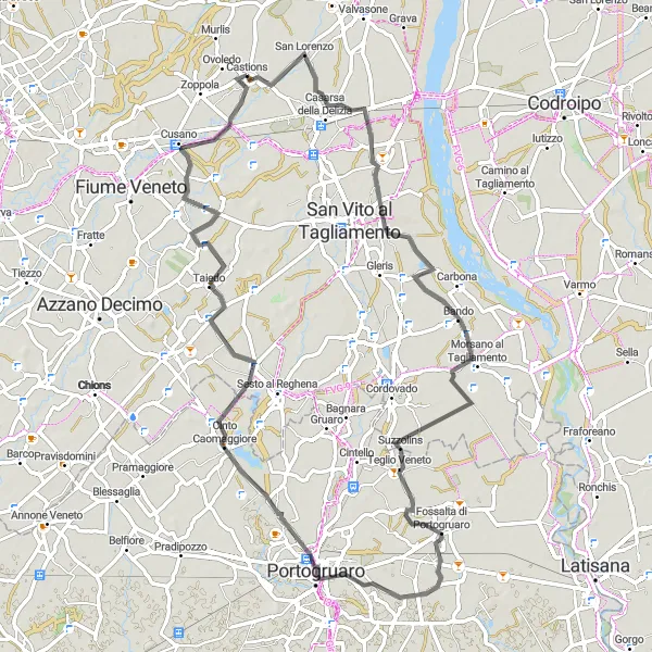 Mapa miniatúra "Jazda na bicykli cez Orcenico Superiore" cyklistická inšpirácia v Friuli-Venezia Giulia, Italy. Vygenerované cyklistickým plánovačom trás Tarmacs.app