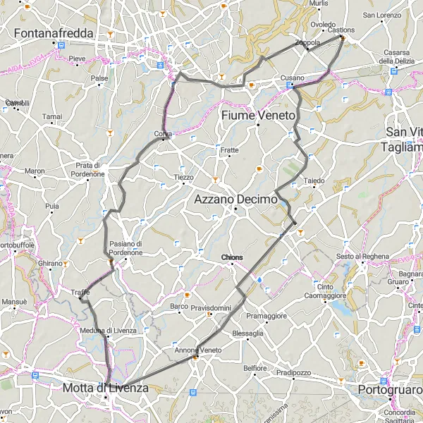 Kartminiatyr av "Roadtrip från Pescincanna till Zoppola" cykelinspiration i Friuli-Venezia Giulia, Italy. Genererad av Tarmacs.app cykelruttplanerare