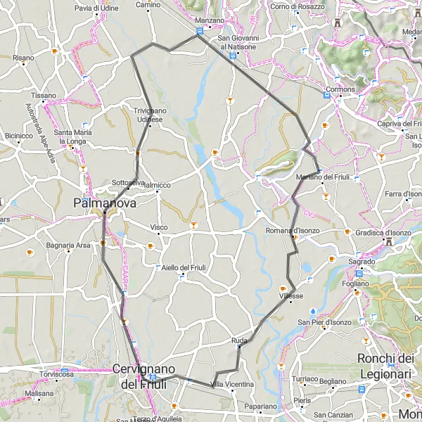 Miniaturní mapa "Historické památky kolem Belvedere di Borgo Udine" inspirace pro cyklisty v oblasti Friuli-Venezia Giulia, Italy. Vytvořeno pomocí plánovače tras Tarmacs.app
