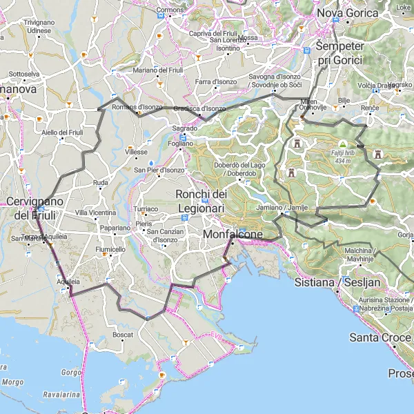 Zemljevid v pomanjšavi "Pot od Cervignana del Friuli do Aquileie" kolesarske inspiracije v Friuli-Venezia Giulia, Italy. Generirano z načrtovalcem kolesarskih poti Tarmacs.app