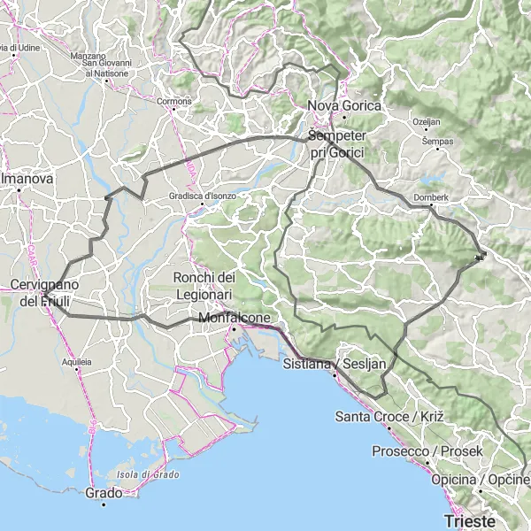 Miniatua del mapa de inspiración ciclista "Ruta de los 100 km por carretera desde Cervignano del Friuli" en Friuli-Venezia Giulia, Italy. Generado por Tarmacs.app planificador de rutas ciclistas