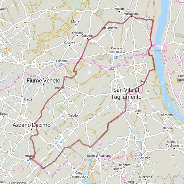 Miniaturní mapa "Gravelový okruh kolem Chions" inspirace pro cyklisty v oblasti Friuli-Venezia Giulia, Italy. Vytvořeno pomocí plánovače tras Tarmacs.app