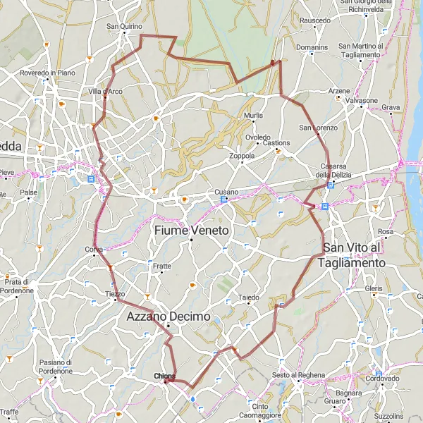 Kartminiatyr av "Eventyrlig grusrute fra Chions til Casarsa della Delizia" sykkelinspirasjon i Friuli-Venezia Giulia, Italy. Generert av Tarmacs.app sykkelrutoplanlegger