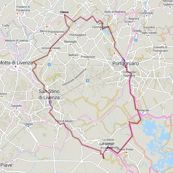 Miniatua del mapa de inspiración ciclista "Ruta de Grava alrededor de Chions" en Friuli-Venezia Giulia, Italy. Generado por Tarmacs.app planificador de rutas ciclistas