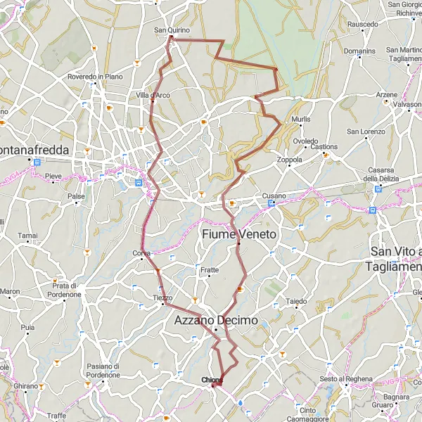 Map miniature of "Discovering Pordenone and San Quirino on a Gravel Route" cycling inspiration in Friuli-Venezia Giulia, Italy. Generated by Tarmacs.app cycling route planner