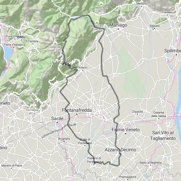 Miniature de la carte de l'inspiration cycliste "Les Collines Majestueuses de Piancavallo" dans la Friuli-Venezia Giulia, Italy. Générée par le planificateur d'itinéraire cycliste Tarmacs.app