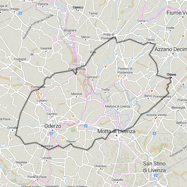Kartminiatyr av "Ormelle Circuit" cykelinspiration i Friuli-Venezia Giulia, Italy. Genererad av Tarmacs.app cykelruttplanerare