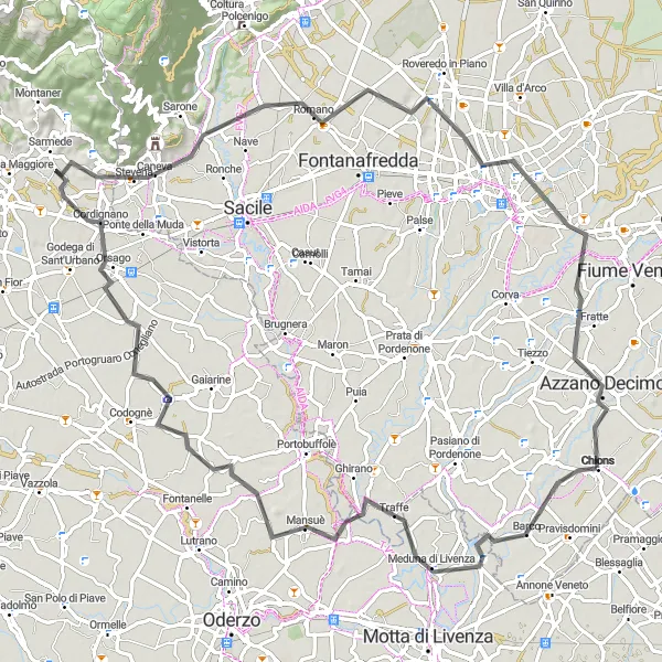 Miniatua del mapa de inspiración ciclista "Ruta de Carretera alrededor de Chions" en Friuli-Venezia Giulia, Italy. Generado por Tarmacs.app planificador de rutas ciclistas