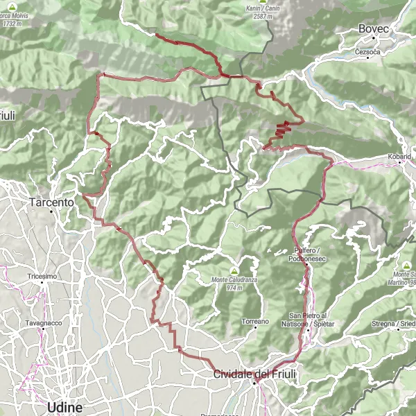 Miniatura della mappa di ispirazione al ciclismo "Avventura inesplorata tra montagne e boschi" nella regione di Friuli-Venezia Giulia, Italy. Generata da Tarmacs.app, pianificatore di rotte ciclistiche