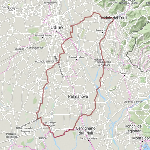 Miniaturní mapa "Gravelový okruh kolem Tempietto Longobardo" inspirace pro cyklisty v oblasti Friuli-Venezia Giulia, Italy. Vytvořeno pomocí plánovače tras Tarmacs.app