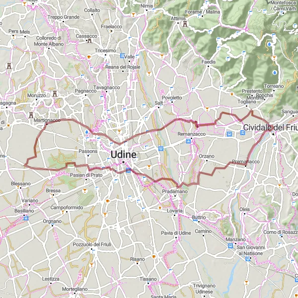 Miniatua del mapa de inspiración ciclista "Aventura en Grava hacia Martignacco" en Friuli-Venezia Giulia, Italy. Generado por Tarmacs.app planificador de rutas ciclistas