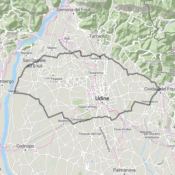 Mapa miniatúra "Cyklomaratón Cividale del Friuli" cyklistická inšpirácia v Friuli-Venezia Giulia, Italy. Vygenerované cyklistickým plánovačom trás Tarmacs.app