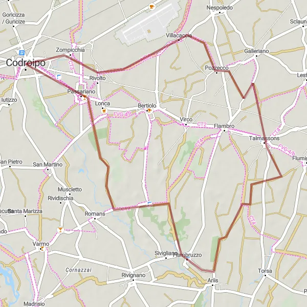 Miniaturní mapa "Gravel Codroipo Circuit" inspirace pro cyklisty v oblasti Friuli-Venezia Giulia, Italy. Vytvořeno pomocí plánovače tras Tarmacs.app