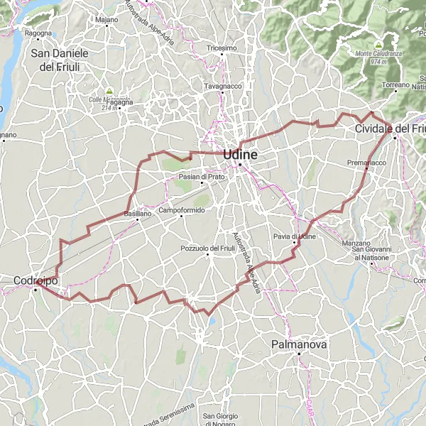 Miniaturní mapa "Gravel Paradise near Codroipo" inspirace pro cyklisty v oblasti Friuli-Venezia Giulia, Italy. Vytvořeno pomocí plánovače tras Tarmacs.app