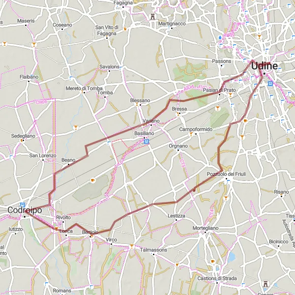 Mapa miniatúra "Pokojná trasa cez vidiecke oblasti" cyklistická inšpirácia v Friuli-Venezia Giulia, Italy. Vygenerované cyklistickým plánovačom trás Tarmacs.app