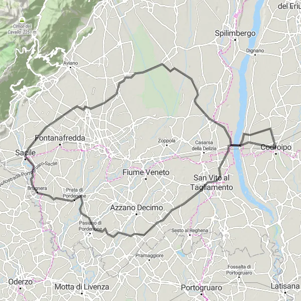 Miniatua del mapa de inspiración ciclista "Ruta de Carretera a Sacile y Domanins" en Friuli-Venezia Giulia, Italy. Generado por Tarmacs.app planificador de rutas ciclistas