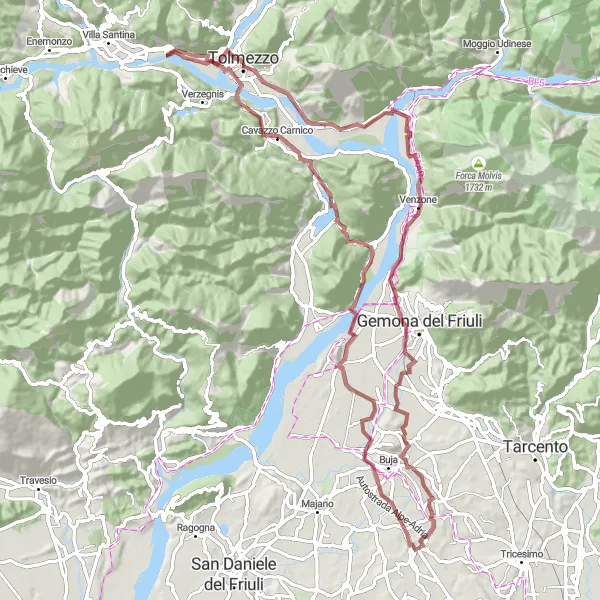 Map miniature of "The Gravel Expedition to Tonzolano" cycling inspiration in Friuli-Venezia Giulia, Italy. Generated by Tarmacs.app cycling route planner