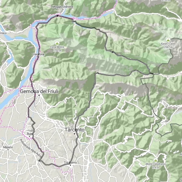 Kartminiatyr av "Vägar till Carnia och Učja" cykelinspiration i Friuli-Venezia Giulia, Italy. Genererad av Tarmacs.app cykelruttplanerare