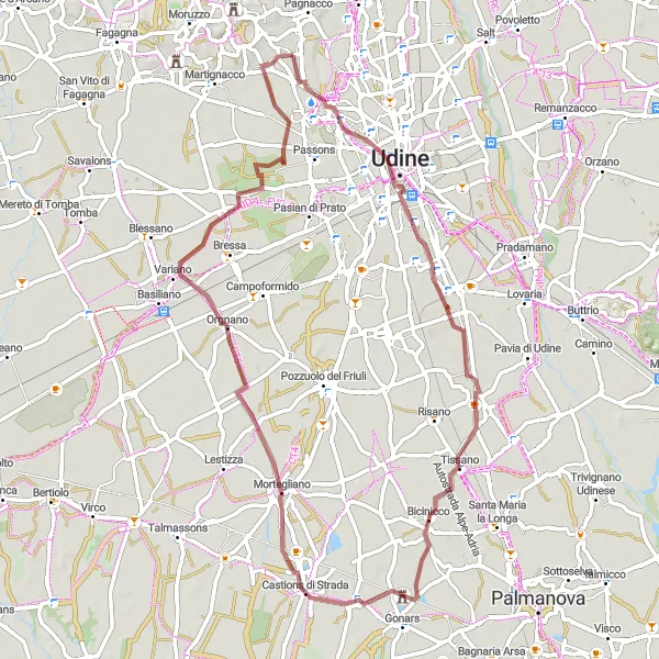 Map miniature of "Gravel Ride through Plaino and Orgnano" cycling inspiration in Friuli-Venezia Giulia, Italy. Generated by Tarmacs.app cycling route planner