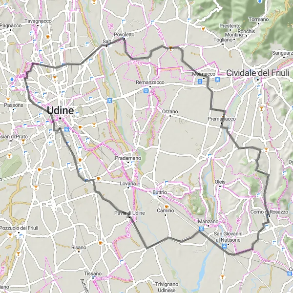 Miniatua del mapa de inspiración ciclista "Ruta en Carretera a través de Colugna" en Friuli-Venezia Giulia, Italy. Generado por Tarmacs.app planificador de rutas ciclistas