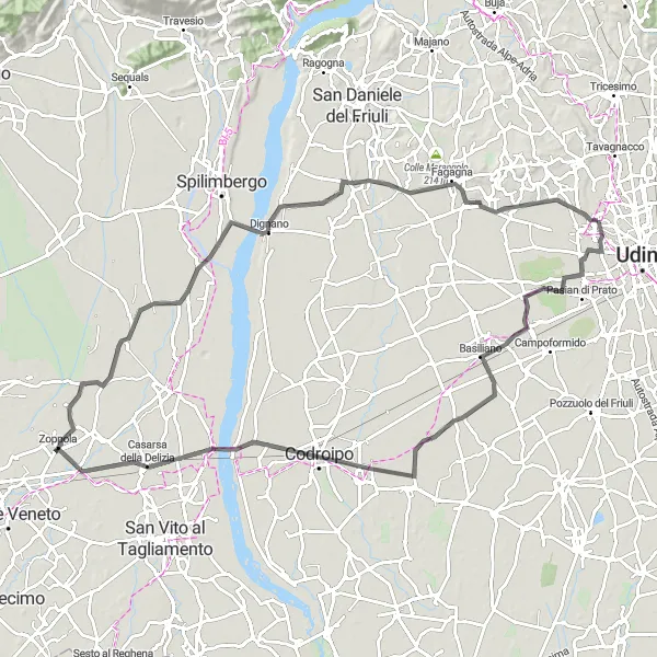 Miniaturní mapa "Cyklistický výlet do Vidulis" inspirace pro cyklisty v oblasti Friuli-Venezia Giulia, Italy. Vytvořeno pomocí plánovače tras Tarmacs.app