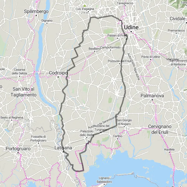 Miniaturní mapa "Z Colugna do Martignacco a zpět" inspirace pro cyklisty v oblasti Friuli-Venezia Giulia, Italy. Vytvořeno pomocí plánovače tras Tarmacs.app