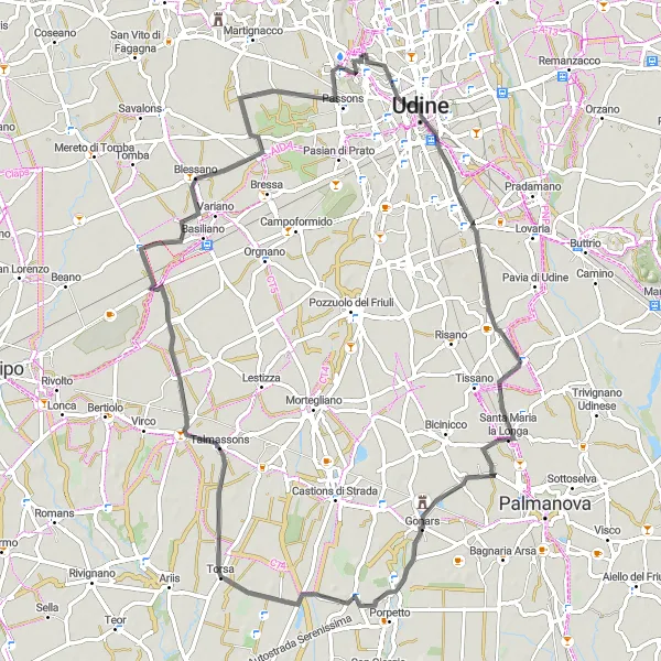 Kartminiatyr av "Udine-Santa Maria la Longa-Colloredo di Prato Rundtur" sykkelinspirasjon i Friuli-Venezia Giulia, Italy. Generert av Tarmacs.app sykkelrutoplanlegger