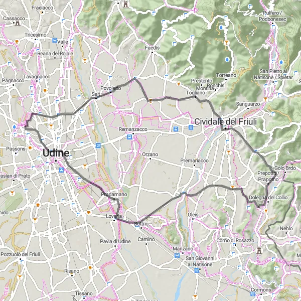 Kartminiatyr av "Povoletto-Cividale del Friuli-Pradamano Rundtur" sykkelinspirasjon i Friuli-Venezia Giulia, Italy. Generert av Tarmacs.app sykkelrutoplanlegger