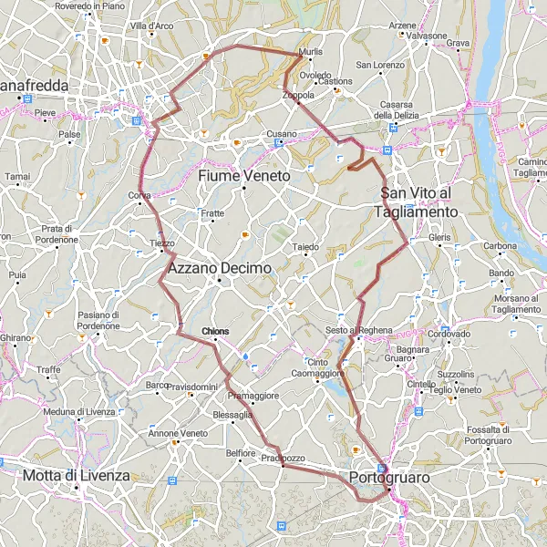 Miniaturní mapa "Gravel Route Cordenons - Pordenone Loop" inspirace pro cyklisty v oblasti Friuli-Venezia Giulia, Italy. Vytvořeno pomocí plánovače tras Tarmacs.app