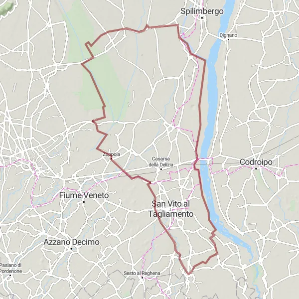 Miniaturní mapa "Gravelová dobrodružná cesta z Cordovada přes Ponte della Delizia do Carbony" inspirace pro cyklisty v oblasti Friuli-Venezia Giulia, Italy. Vytvořeno pomocí plánovače tras Tarmacs.app