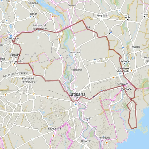 Miniatura mapy "Szlak gravelowy przez Palazzolo dello Stella" - trasy rowerowej w Friuli-Venezia Giulia, Italy. Wygenerowane przez planer tras rowerowych Tarmacs.app
