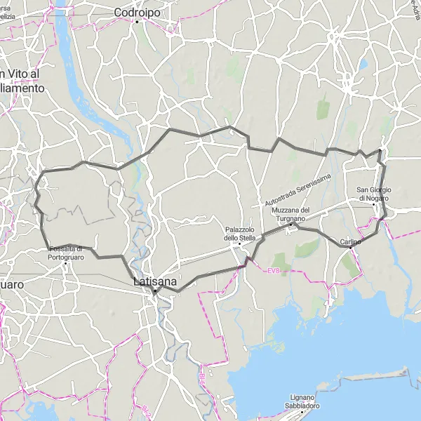 Miniatura della mappa di ispirazione al ciclismo "Itinerario in bici tra Rivignano e San Michele al Tagliamento" nella regione di Friuli-Venezia Giulia, Italy. Generata da Tarmacs.app, pianificatore di rotte ciclistiche