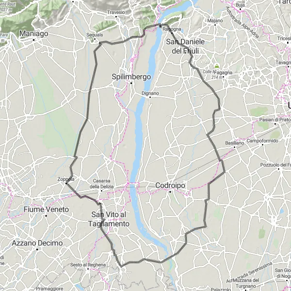 Miniatua del mapa de inspiración ciclista "Ruta de San Vito al Tagliamento" en Friuli-Venezia Giulia, Italy. Generado por Tarmacs.app planificador de rutas ciclistas